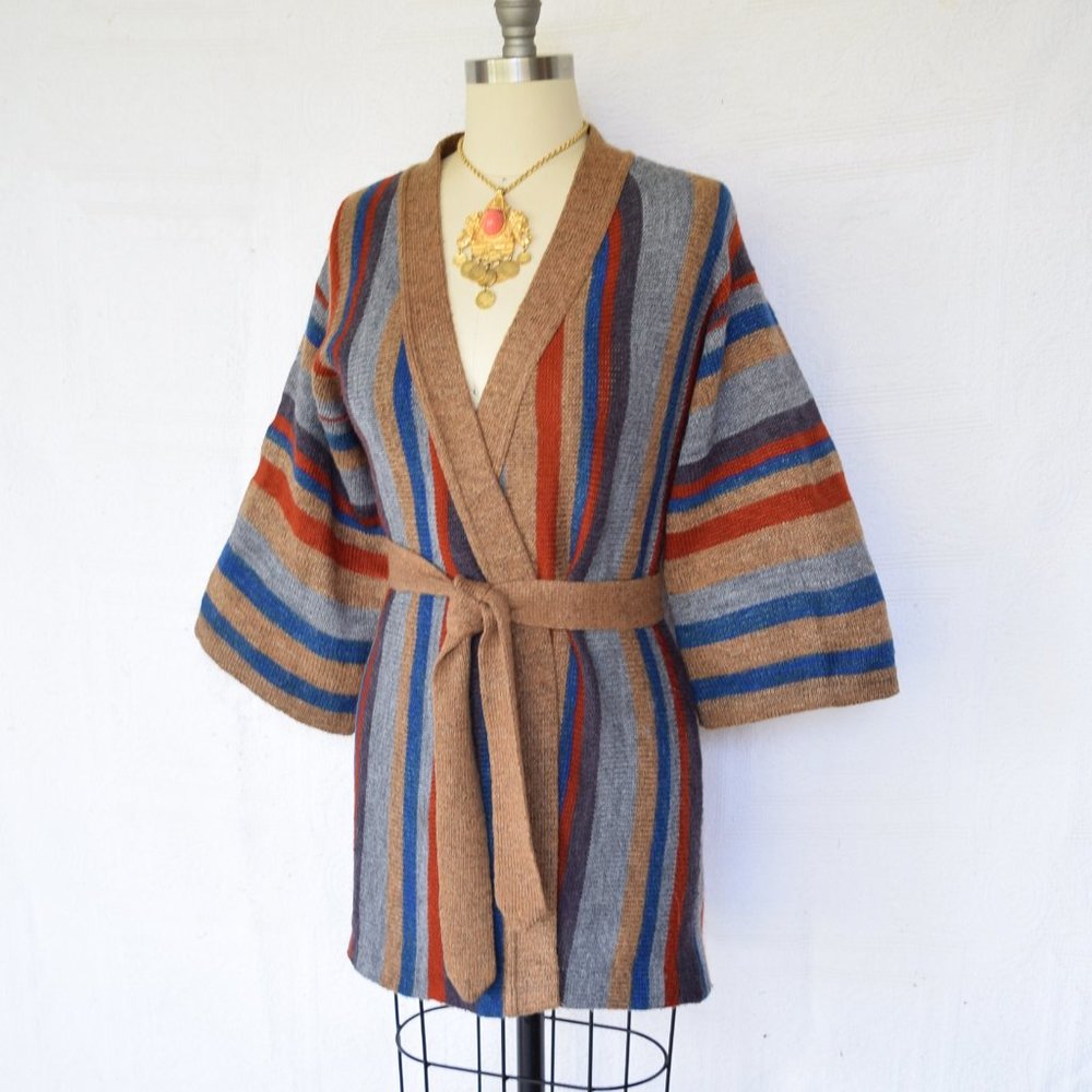 Vintage stripe hippie boho wrap kimono cowichan - Picture 2 of 8